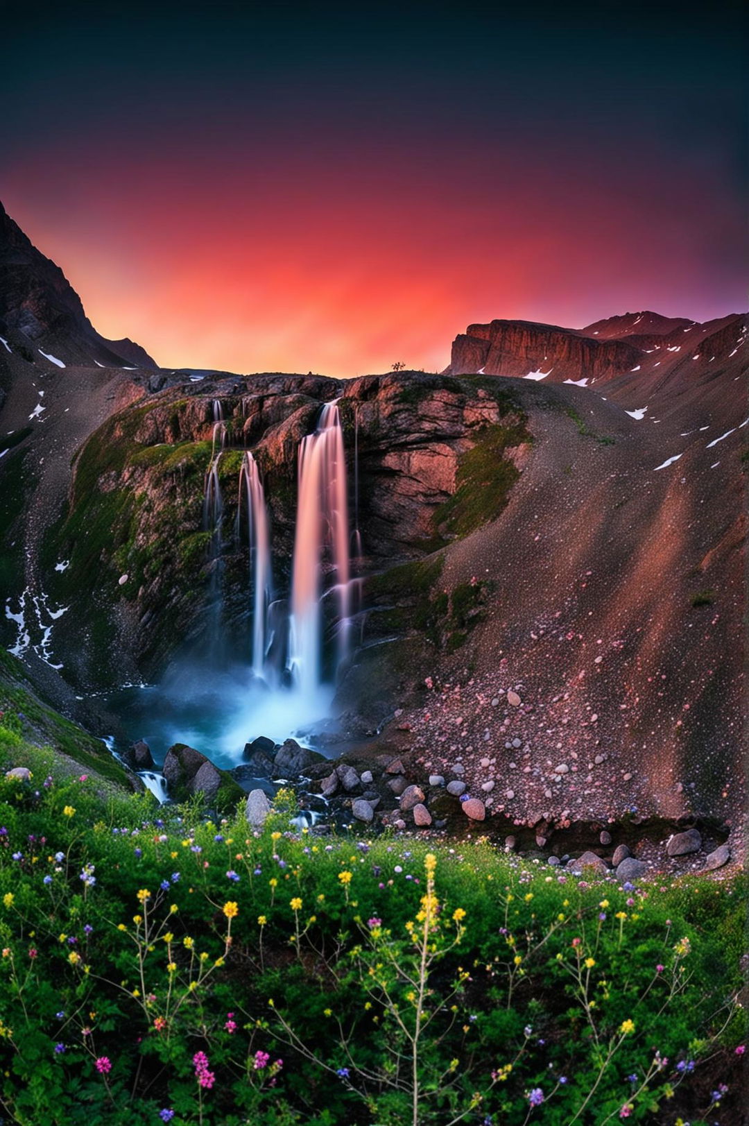 An ultra-wide shot, high-definition landscape photograph featuring a mountain waterfall cascading into a pristine lake at sunset