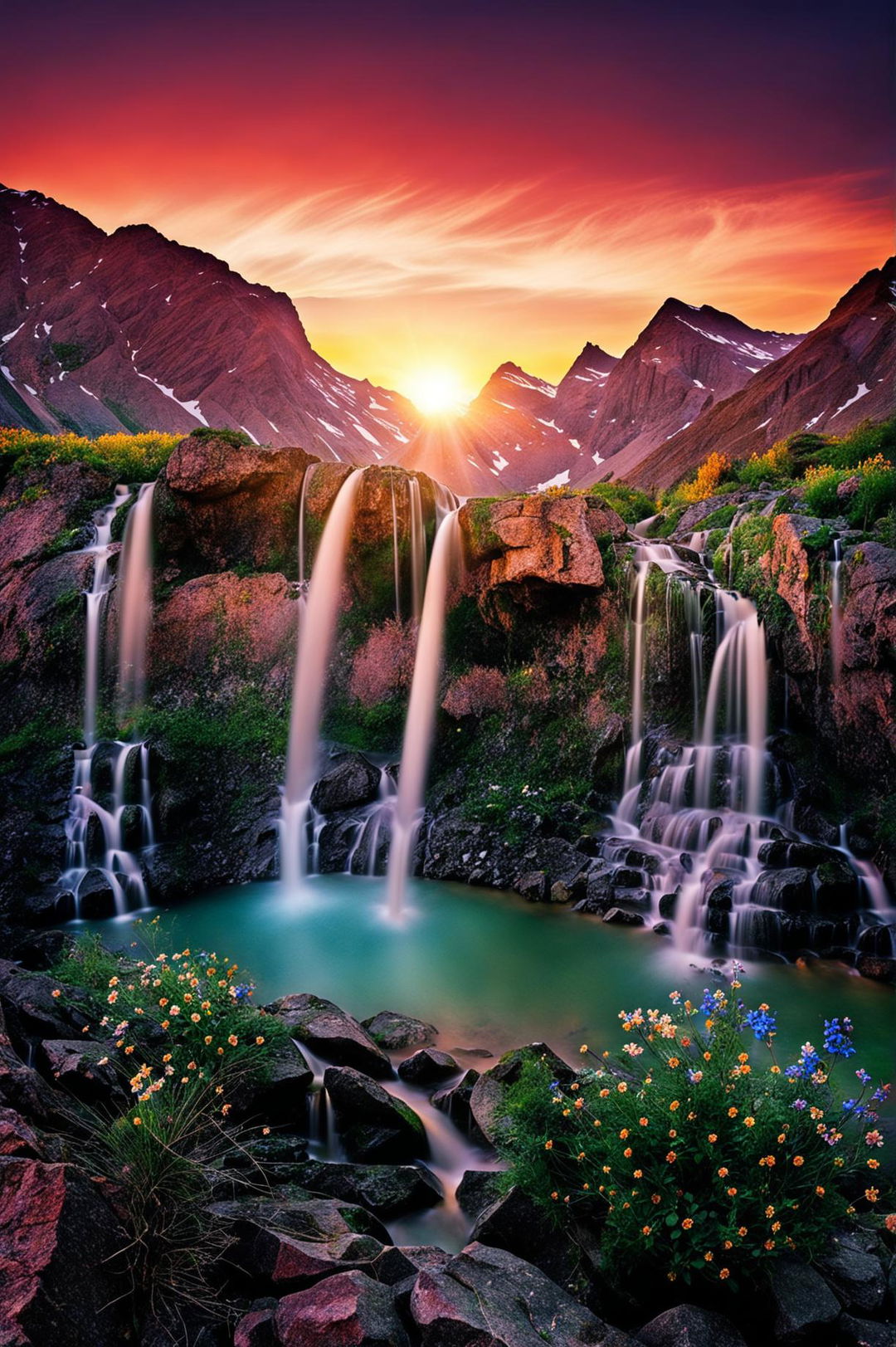 An ultra-wide shot, high-definition landscape photograph perfect as a screensaver, featuring a mountain waterfall cascading into a pristine lake at sunset