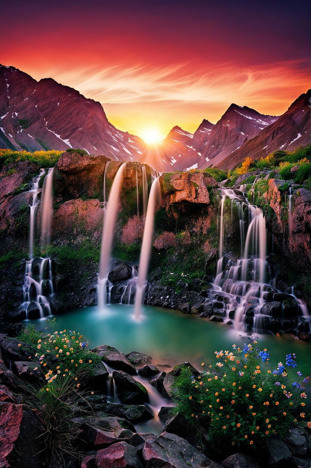 An ultra-wide shot, high-definition landscape photograph perfect as a screensaver, featuring a mountain waterfall cascading into a pristine lake at sunset