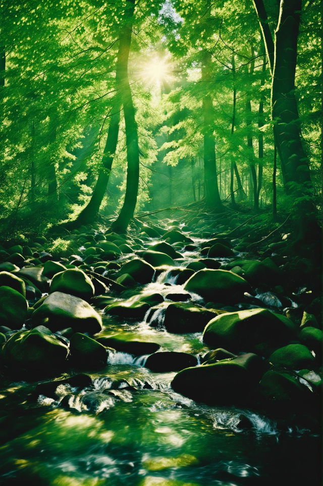 A high-quality landscape photograph depicting a serene forest scene with a bubbling stream, perfect for a Google home screensaver