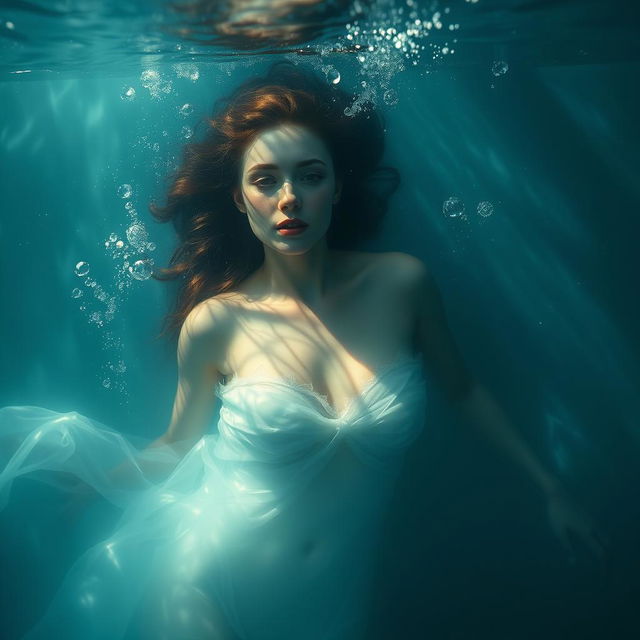 An ethereal female figure gracefully submerged in a tranquil aquatic environment, surrounded by shimmering water effects that create a dreamy and mysterious atmosphere