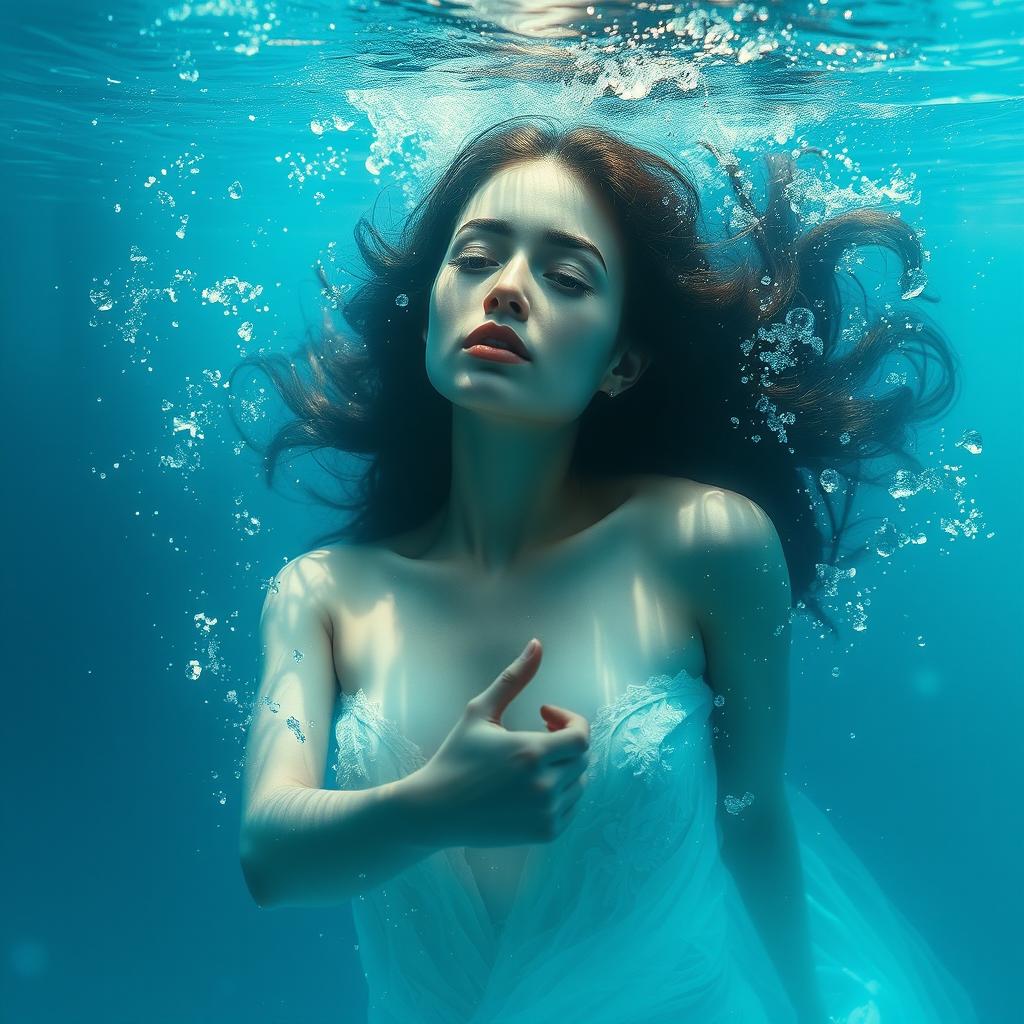 An ethereal female figure gracefully submerged in a tranquil aquatic environment, surrounded by shimmering water effects that create a dreamy and mysterious atmosphere