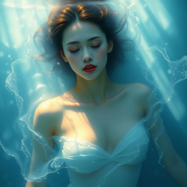 A graceful female figure immersed in a serene aquatic environment, surrounded by flowing water that creates an ethereal and dreamy atmosphere