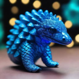 A high-quality photo of a blue openwork patterned pangolin with a neon blue glow inside