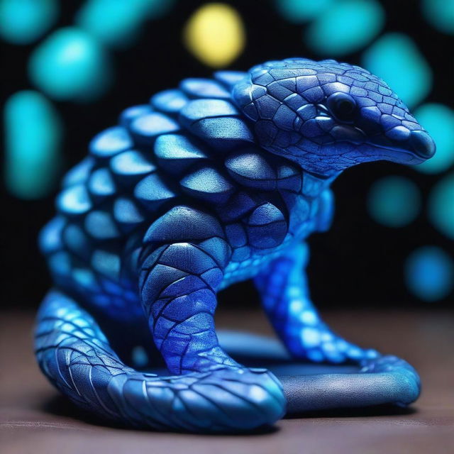 A high-quality photo of a blue openwork patterned pangolin with a neon blue glow inside