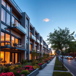 A modern apartment building exterior at sunset, showcasing sleek architectural lines and large glass windows