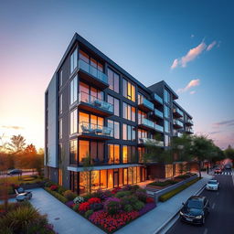 A modern apartment building exterior at sunset, showcasing sleek architectural lines and large glass windows