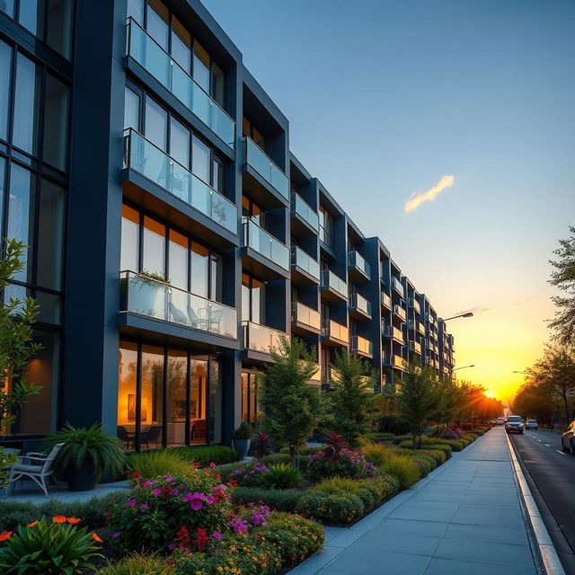 A modern apartment building exterior at sunset, showcasing sleek architectural lines and large glass windows