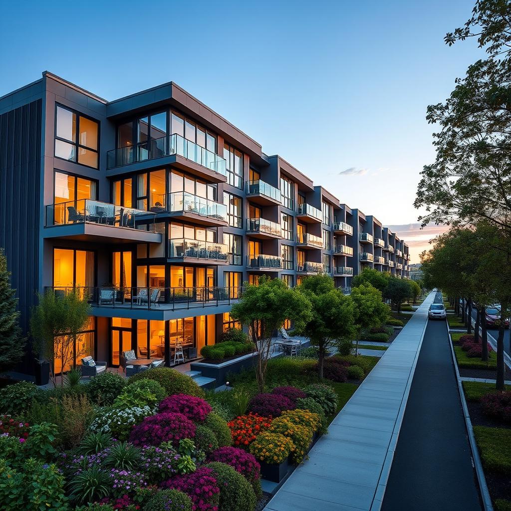 A modern apartment building exterior at sunset, showcasing sleek architectural lines and large glass windows