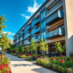 A stunning exterior shot of a modern apartment building showcasing a sleek design with large glass windows, a contemporary facade, and vibrant landscaping