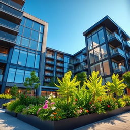A stunning exterior shot of a modern apartment building showcasing a sleek design with large glass windows, a contemporary facade, and vibrant landscaping