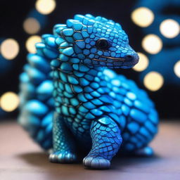 A high-quality photo of a blue openwork patterned pangolin with a neon blue glow inside