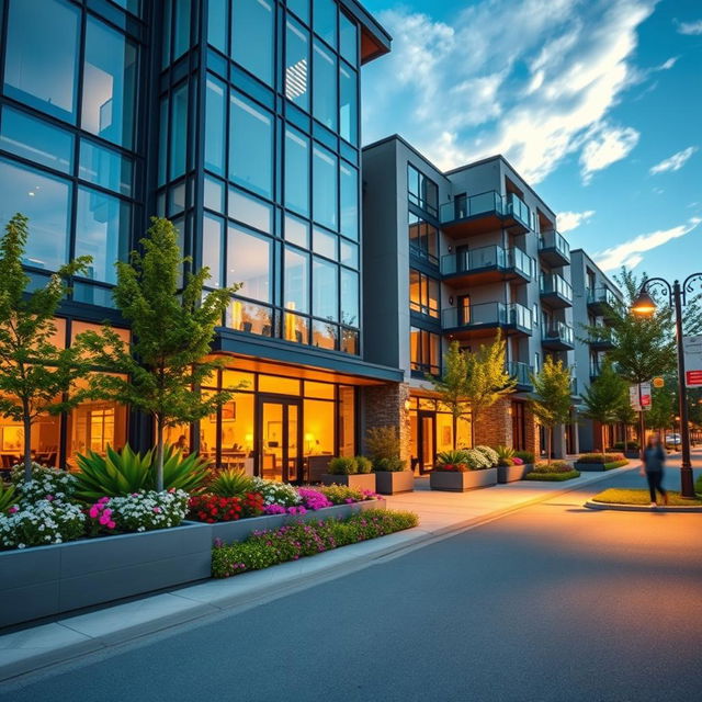 A stunning exterior shot of a modern apartment building showcasing a sleek design with large glass windows, a contemporary facade, and vibrant landscaping