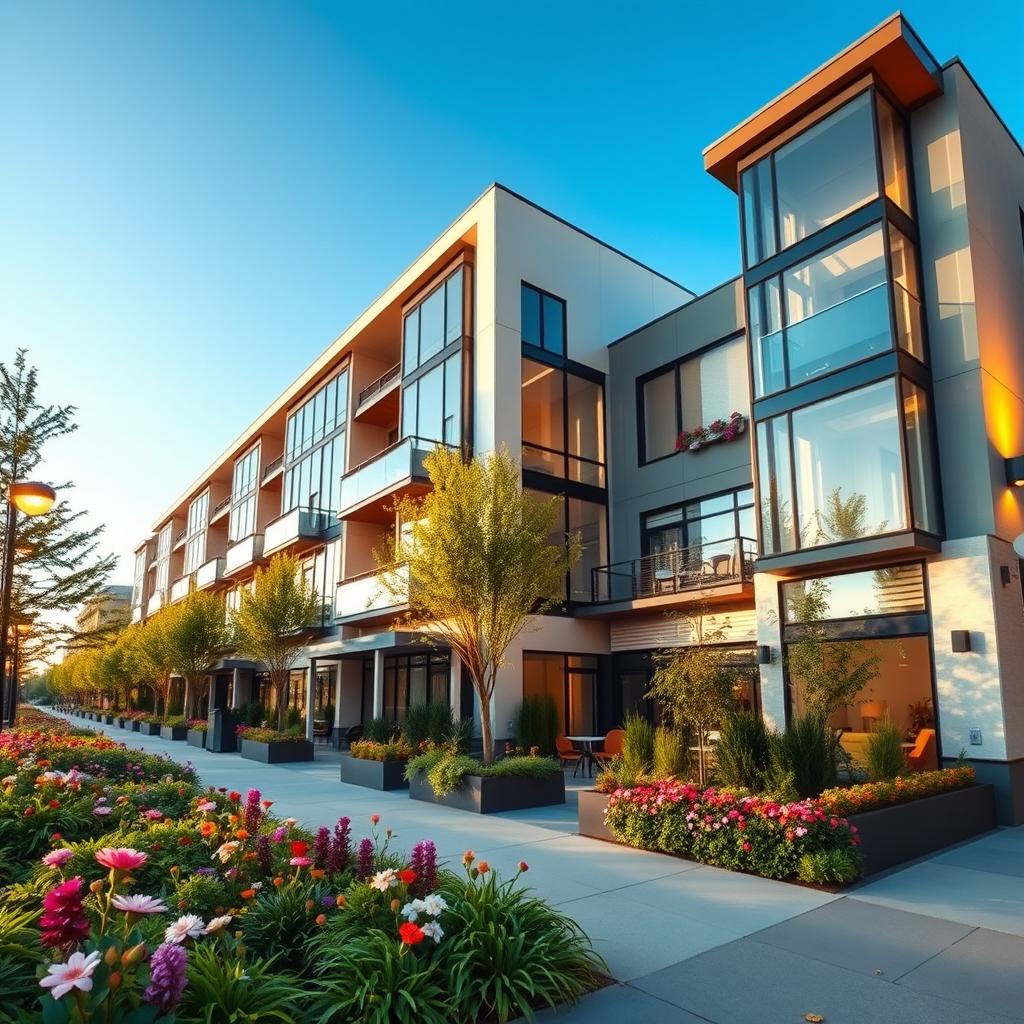 A stunning exterior shot of a modern apartment building showcasing a sleek design with large glass windows, a contemporary facade, and vibrant landscaping