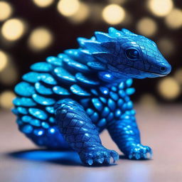 A high-quality photo of a blue openwork patterned pangolin with a neon blue glow inside