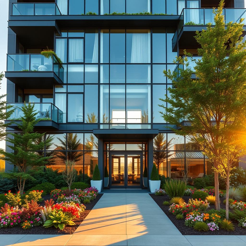 A modern apartment exterior featuring a sleek glass facade with large windows, balconies adorned with greenery, and stylish architectural details