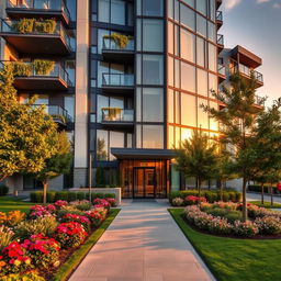 A modern apartment exterior featuring a sleek glass facade with large windows, balconies adorned with greenery, and stylish architectural details