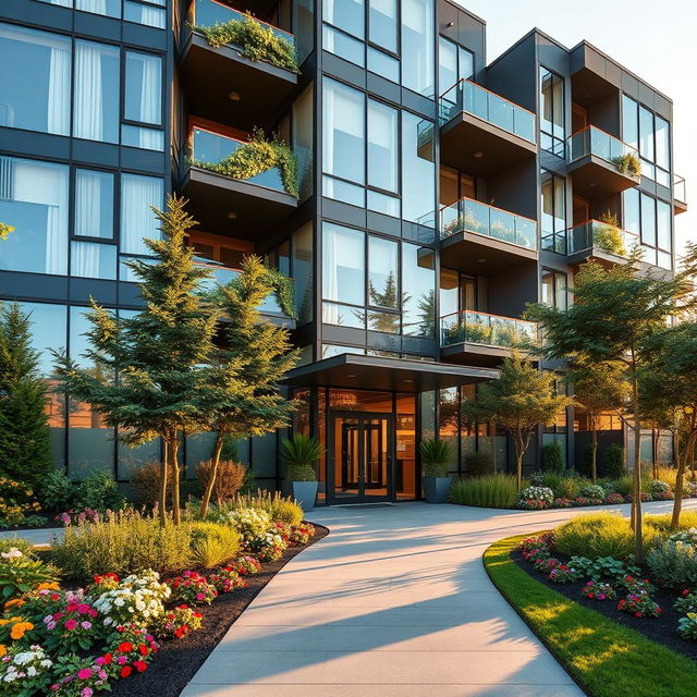 A modern apartment exterior featuring a sleek glass facade with large windows, balconies adorned with greenery, and stylish architectural details