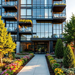A modern apartment exterior featuring a sleek glass facade with large windows, balconies adorned with greenery, and stylish architectural details