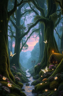 A mesmerizing enchanted forest, filled with tall, ancient trees draped in vibrant green moss and luminescent flowers, casting a soft glow throughout the scene