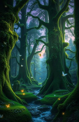 A mesmerizing enchanted forest, filled with tall, ancient trees draped in vibrant green moss and luminescent flowers, casting a soft glow throughout the scene