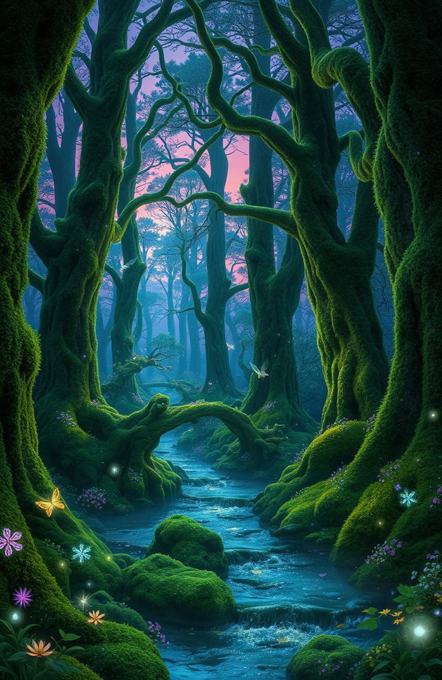 A mesmerizing enchanted forest, filled with tall, ancient trees draped in vibrant green moss and luminescent flowers, casting a soft glow throughout the scene