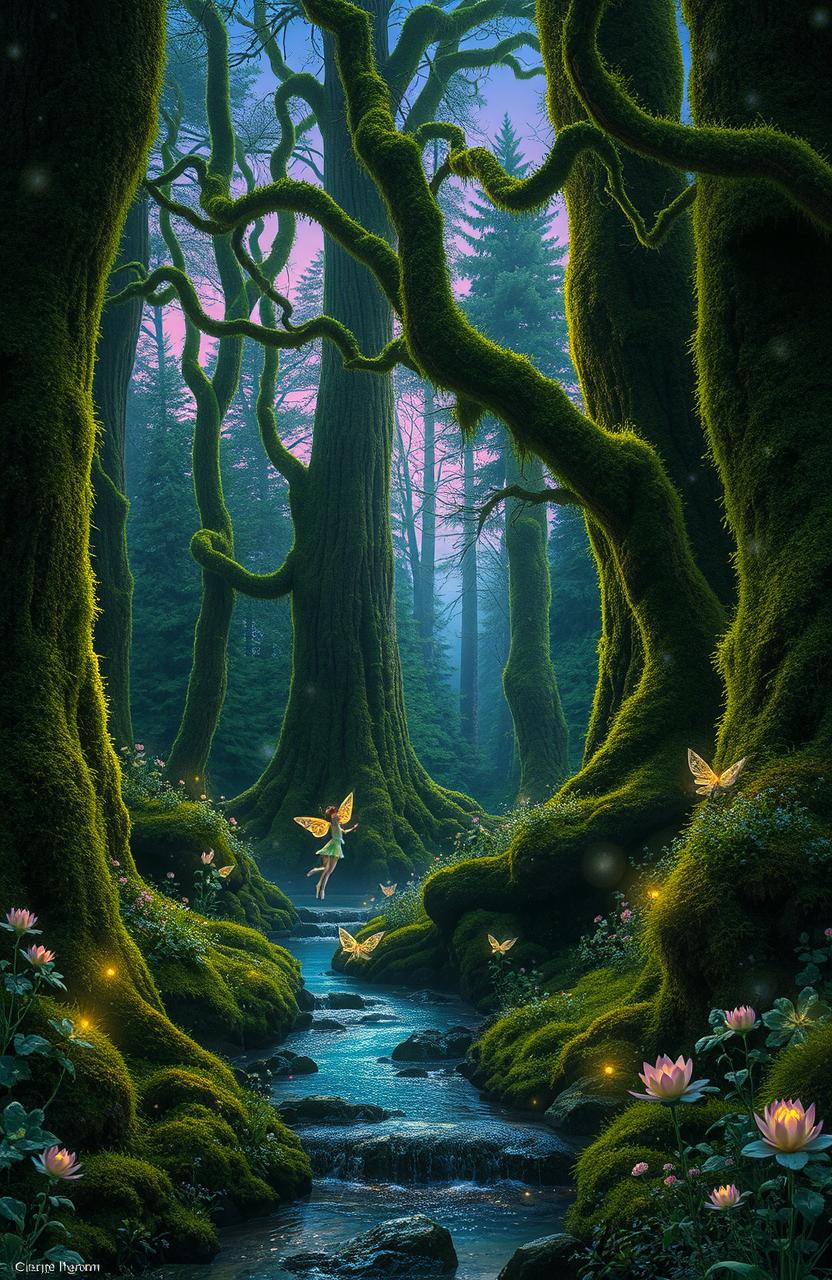 A mesmerizing enchanted forest, filled with tall, ancient trees draped in vibrant green moss and luminescent flowers, casting a soft glow throughout the scene