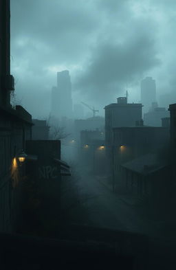 A mysterious scene featuring an eerie urban landscape shrouded in fog, with graffiti on crumbling walls that reads 'NPC'