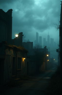 A mysterious scene featuring an eerie urban landscape shrouded in fog, with graffiti on crumbling walls that reads 'NPC'
