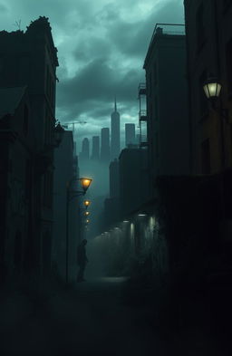 A mysterious scene featuring an eerie urban landscape shrouded in fog, with graffiti on crumbling walls that reads 'NPC'
