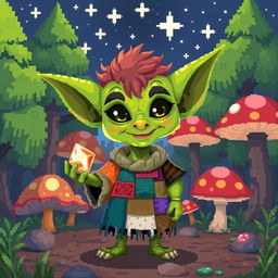 A whimsical pixel art goblin character standing in an enchanted forest