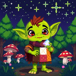 A whimsical pixel art goblin character standing in an enchanted forest
