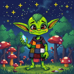 A whimsical pixel art goblin character standing in an enchanted forest