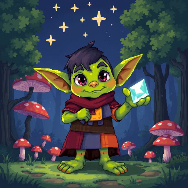 A whimsical pixel art goblin character standing in an enchanted forest