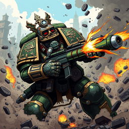 A dynamic scene depicting a Death Guard Space Marine from Warhammer 40000 engaged in a fierce battle