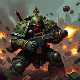 A dynamic scene depicting a Death Guard Space Marine from Warhammer 40000 engaged in a fierce battle