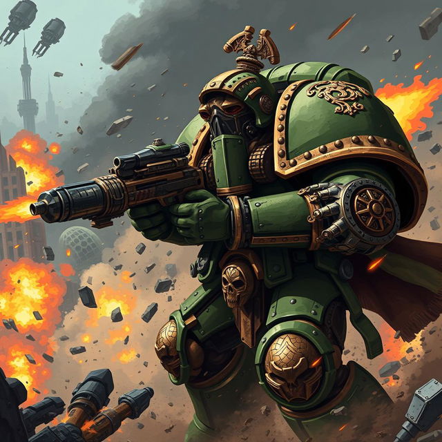 A dynamic scene depicting a Death Guard Space Marine from Warhammer 40000 engaged in a fierce battle