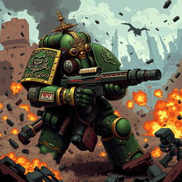 A dynamic scene depicting a Death Guard Space Marine from Warhammer 40000 engaged in a fierce battle
