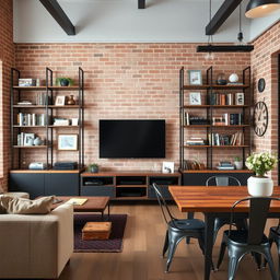A stylish industrial living room dining area featuring a sleek TV unit and various functional shelves
