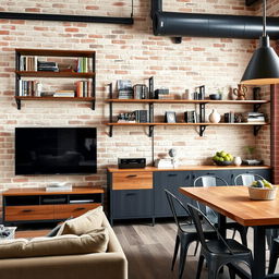 A stylish industrial living room dining area featuring a sleek TV unit and various functional shelves