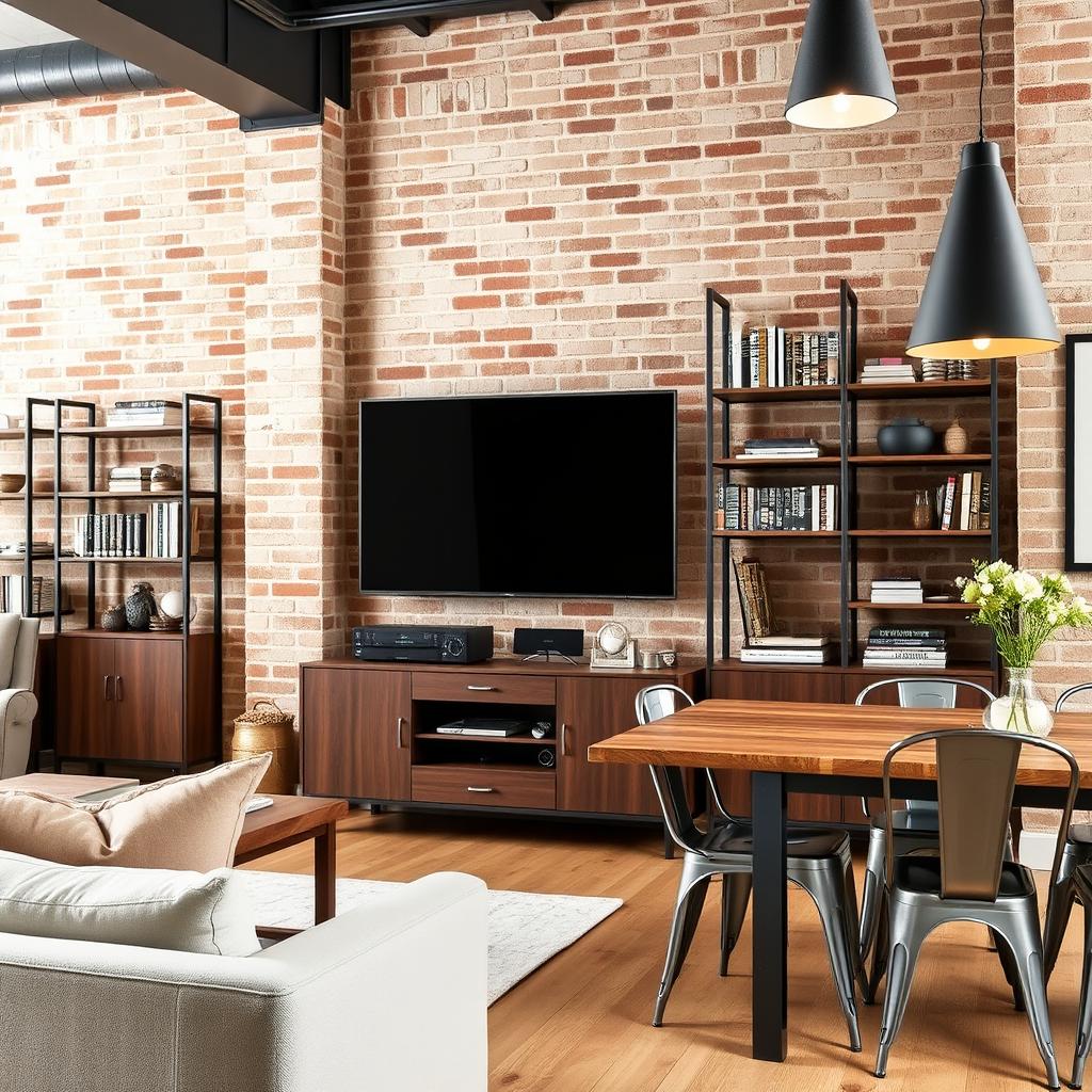 A stylish industrial living room dining area featuring a sleek TV unit and various functional shelves