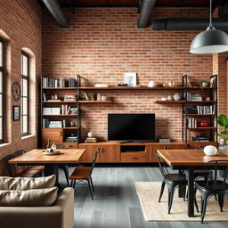 A stylish industrial living room dining area featuring a sleek TV unit and various functional shelves