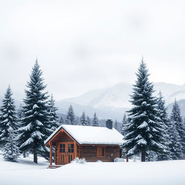 A serene winter landscape featuring gently falling snowflakes, with a cozy small wooden cabin in the foreground, smoke curling from the chimney