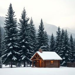 A serene winter landscape featuring gently falling snowflakes, with a cozy small wooden cabin in the foreground, smoke curling from the chimney