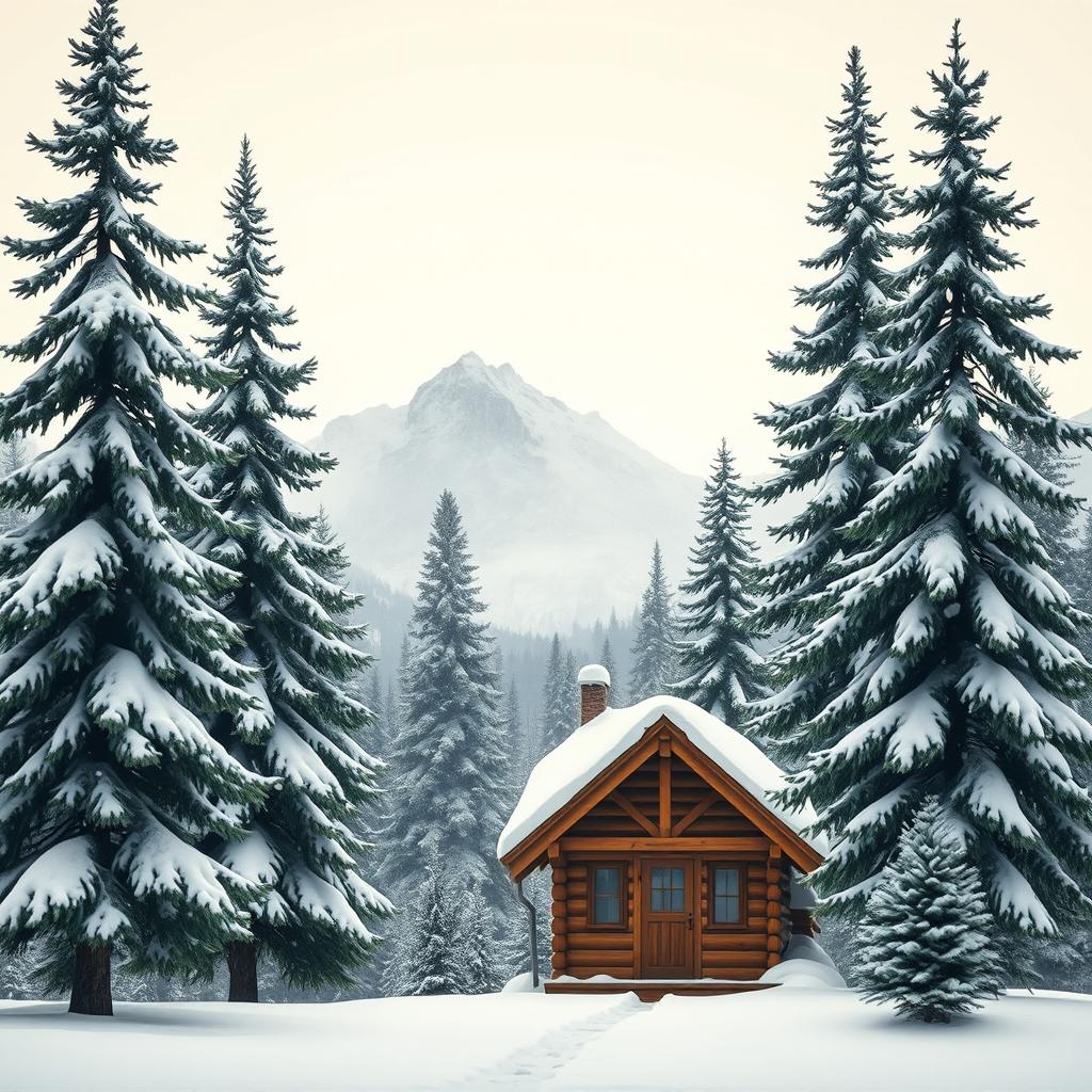 A serene winter landscape featuring gently falling snowflakes, with a cozy small wooden cabin in the foreground, smoke curling from the chimney