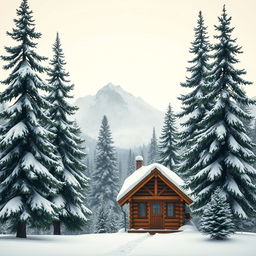 A serene winter landscape featuring gently falling snowflakes, with a cozy small wooden cabin in the foreground, smoke curling from the chimney