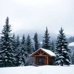 A serene winter landscape featuring gently falling snowflakes, with a cozy small wooden cabin in the foreground, smoke curling from the chimney