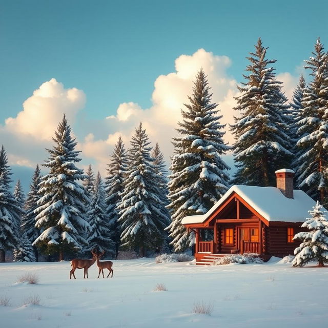 A serene winter landscape showcasing a blanket of fresh snow covering tall pine trees, with soft, fluffy clouds in a bright blue sky