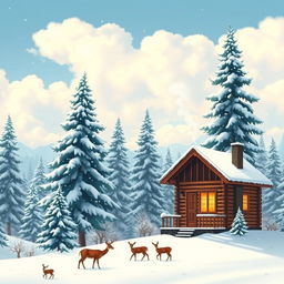 A serene winter landscape showcasing a blanket of fresh snow covering tall pine trees, with soft, fluffy clouds in a bright blue sky