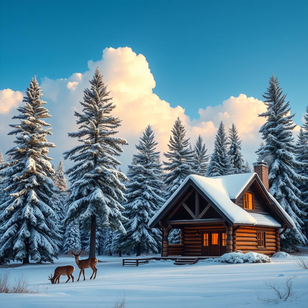 A serene winter landscape showcasing a blanket of fresh snow covering tall pine trees, with soft, fluffy clouds in a bright blue sky